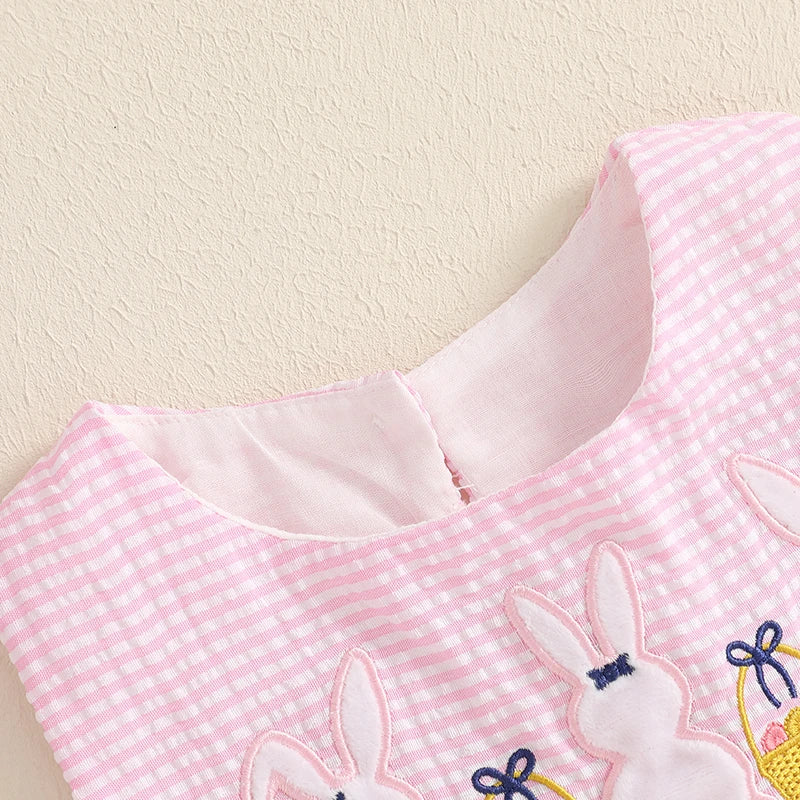 Toddler Girls Easter Outfits Bunny Embroidered Sleeveless Rompers Round Neck Infant Bodysuits Jumpsuits Spring Clothes