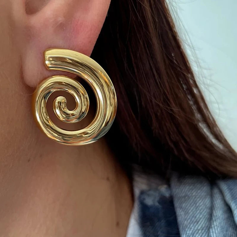 Greek Stainless Steel Spiral Textured Shell Big Stud Earrings Geometric Irregular Metal Chunky Ear Buckle Waterproof Jewelry New