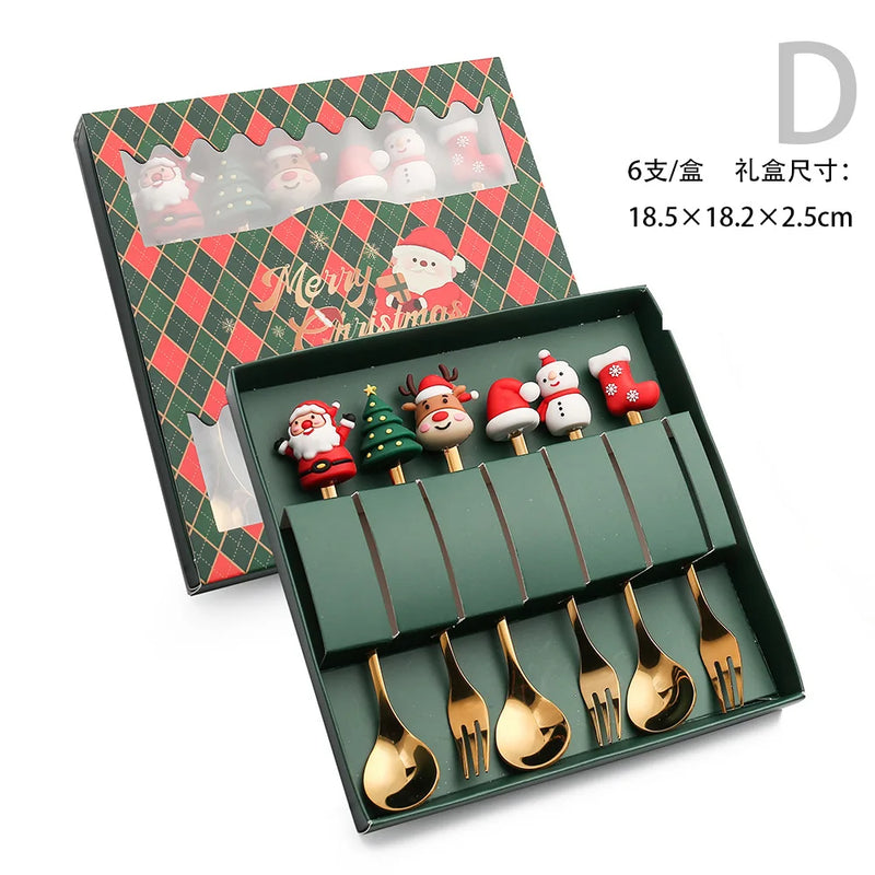 Christmas Dinnerware Stainless Steel With Luxury Gift Box Tableware Desser Fork Coffee Spoon Santa Cutlery For Christmas