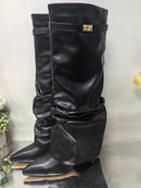 Ladies' Autumn and Winter New Pointed Knee High Women's Boots, Thick High-heeled Long Pants Boots, Fashionable Mid Rise Boots