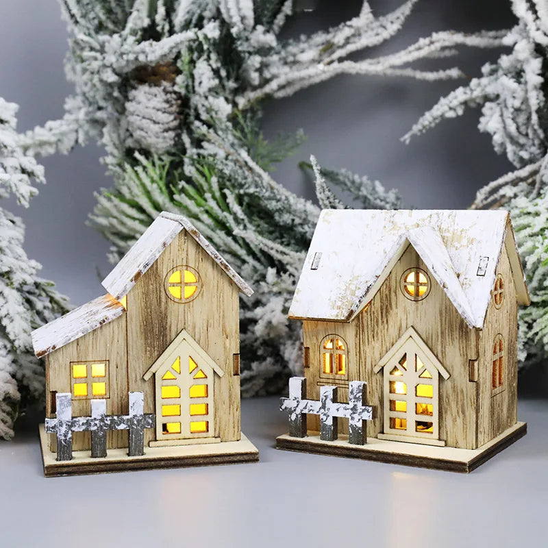 1Pcs Mini Christmas New Decorative Luminous Wooden House With Battery LED Small Xmas Room Desktop Pendant Kids DIY Decoration