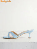 Sweet Cross-tied Slippers Solid Round Toe Shallow Stilettos Mules Fashion Casual Pull-on Outside Dress Shoes 2025 New Summer