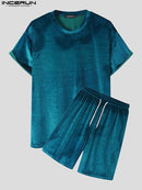INCERUN Men Casual Sets Velour Solid Color O-neck Short Sleeve T Shirt & Drawstring Shorts Two Pieces 2023 Streetwear Men Suits
