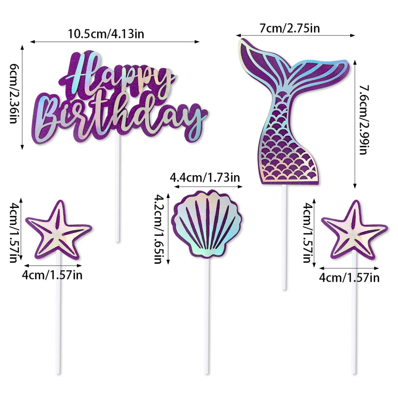 Mermaid Birthday Party Decor Glitter Mermaid Tail Sea Shells Starfish Cake Topper Baby Shower Girls 1st 2th Birthday party decor