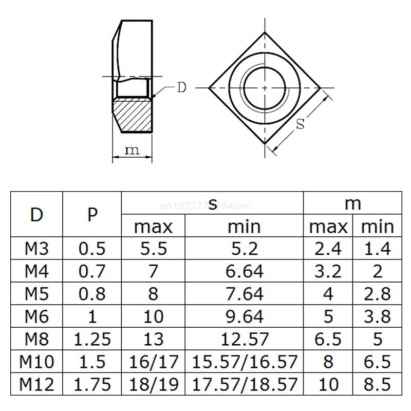 5-50pcs A2 Stainless Steel M3 M4 M5 M6 M8 M10 M12 Square Nuts Din557