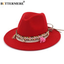 BUTTERMERE Damen Fedora Hut Wolle Khaki Jazz Hüte Weiblich National Lässig Große Krempe Vintage Herbst Klassischer Filzhut und Mütze 2022