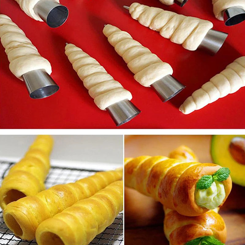 12pcs Conical Tubes Croissants Cone Horn Spiral Steel Roll Cream Bread Molds Baking Spiral Butter Spout Mold