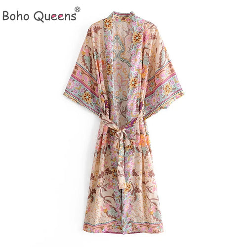 Boho Queens Damen Pfauendruck Fledermausärmel Strand Böhmischer Kimono Robe Damen V-Ausschnitt Quaste Sommer Bikini-Überwürfe