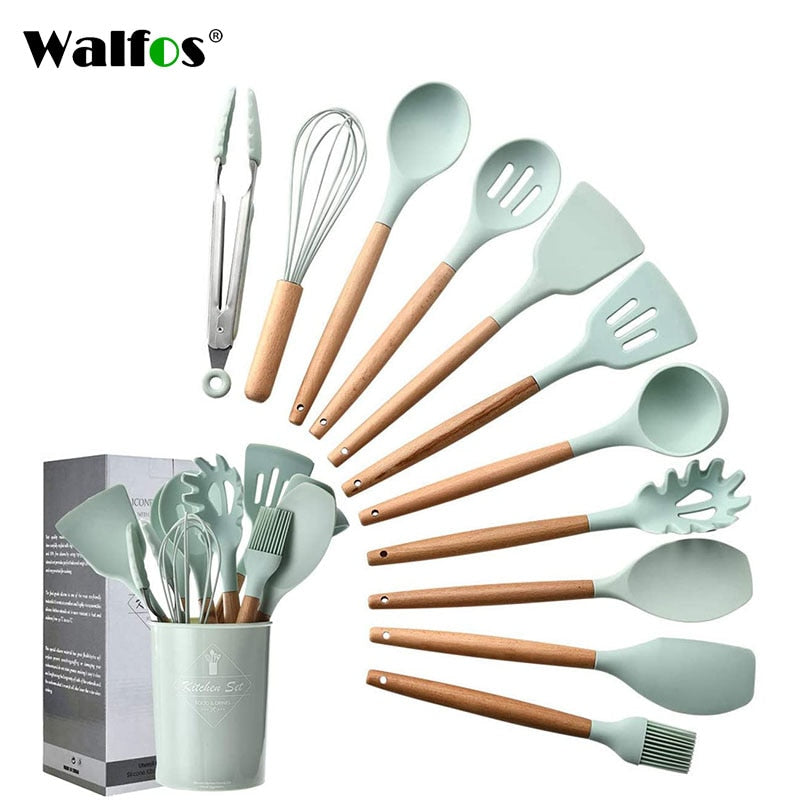 WALFOS Kitchen Tools Natural Beech Wood Handle Silicone Kitchen Utensil Set Silicone Cooking Tools Set Utensils Set