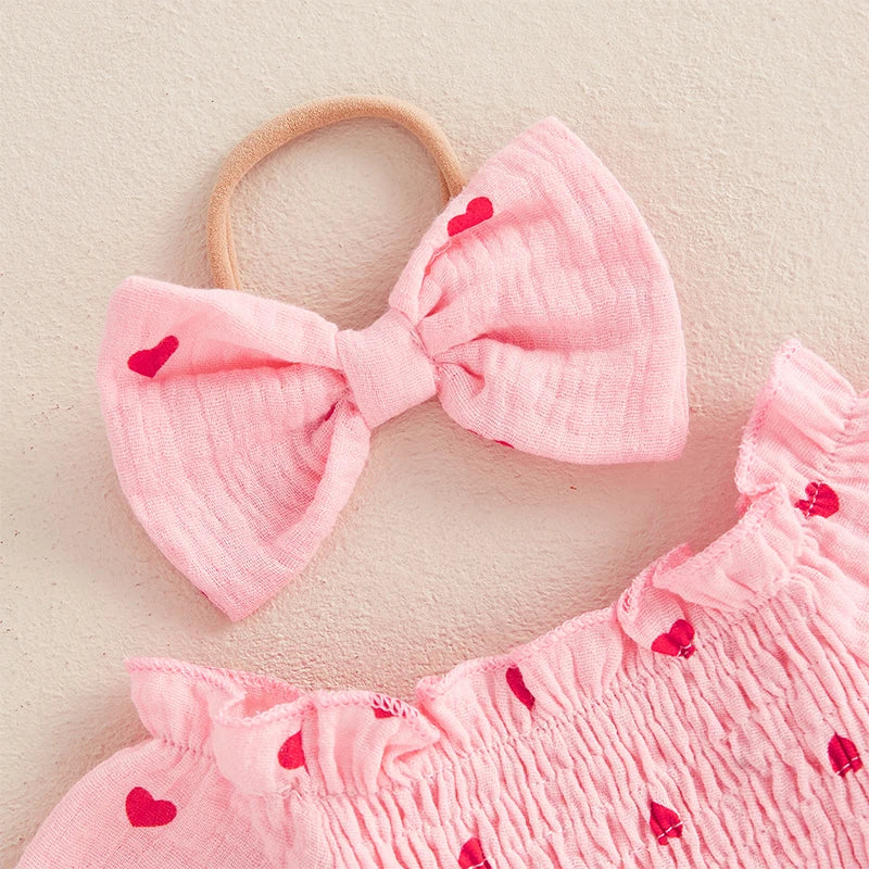 Newborn Clothes Baby Girl Autumn Romper Dress Long Sleeve Crew Neck Red Heart Print Jumpsuit with Bow Headband