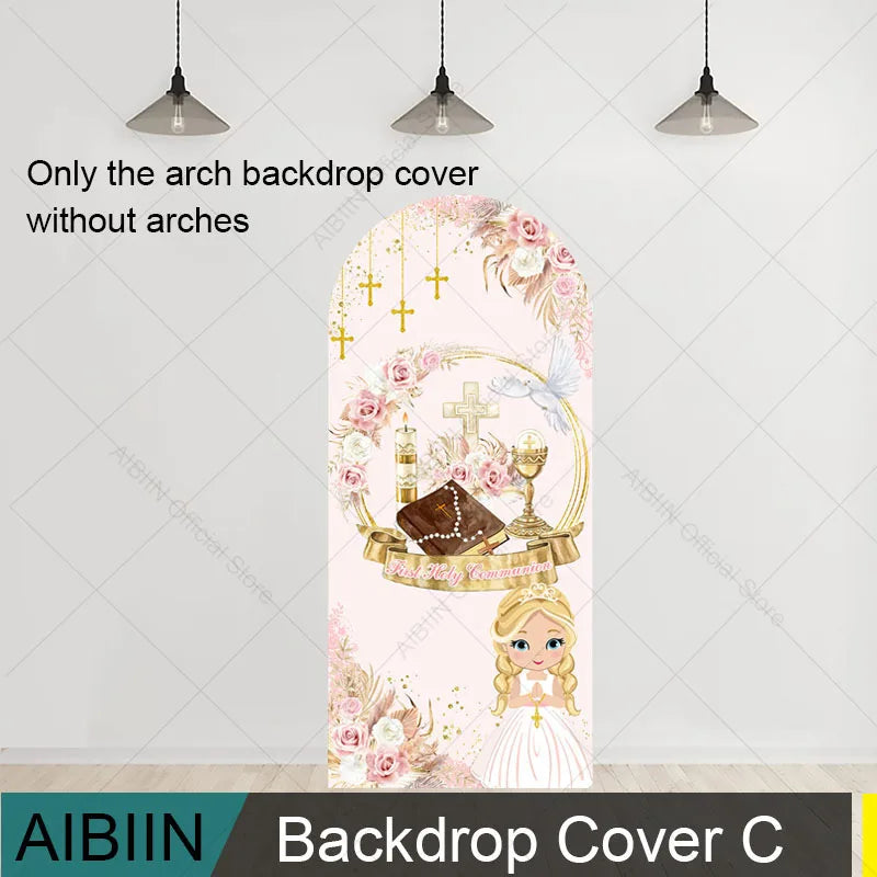 First Holy Communion Arch Backdrop Cover Wood Cross Baptism Boy Girl Boho Blue Cyan Flowers Party Decor Gold Bless Background