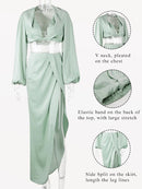 Kesiachiccly Satin Two Piece Set Women Crop top Autumn Long Sleeve Crop Top High Split Long Skirts 2 Piece Set Beach Clothes