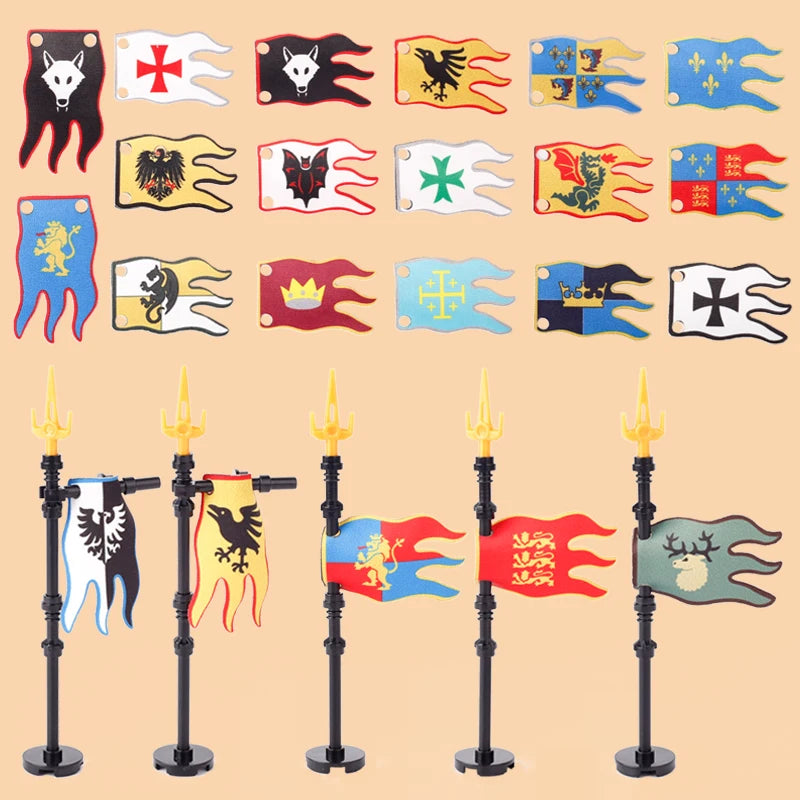 Medieval Castle Knight Figures Flag Building Blocks Ancient Holy Rome Military Army Soldier Weapons MOC Accessory Bricks Kid Toy
