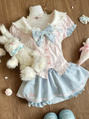 Summer Sweet Preppy Style 2 Piece Sets Women Y2k Kawaii Lolita Design Tops + High Waist Chic Skirt Female Princess Retro Outfits