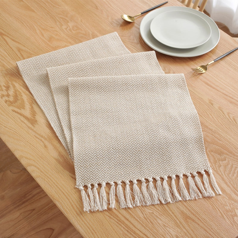 Minthome Simple Table Runner Solid Color Handmade Tassled Cotton Linen Table Runner Household Tea Table Flag