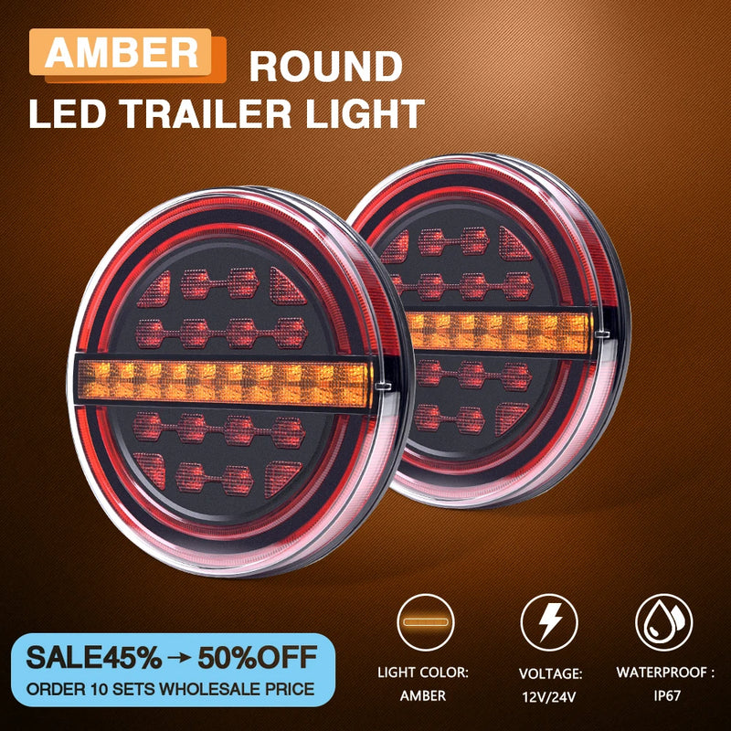 MICTUNING 2Pcs 5.3" Amber Round LED Trailer Light With Brake Light DRL Flow Amber Turn Signal for Car Truck Ships Buses Vans