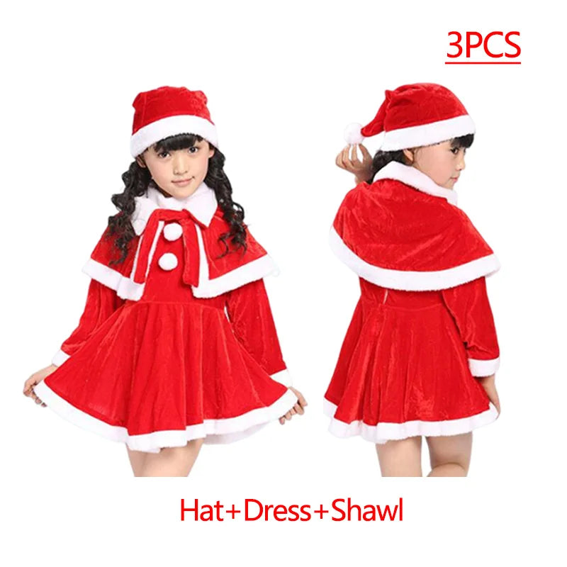 2025 New Christmas Costume For Kids Santa Claus Toddler Baby Red Xmas Clothes Party Red Dress Set Hat Included Christmas Dress