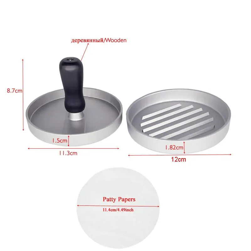 Food Grade Burger Press Patty Maker Aluminium Hamburger Mold Non-Stick with 100 Patty Papers