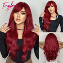 Burgundy Dark Red Synthetic Wigs Long Wavy Wine Red Cosplay Wig with Bangs for Women Natural Body Wave Halloween Heat Resistant