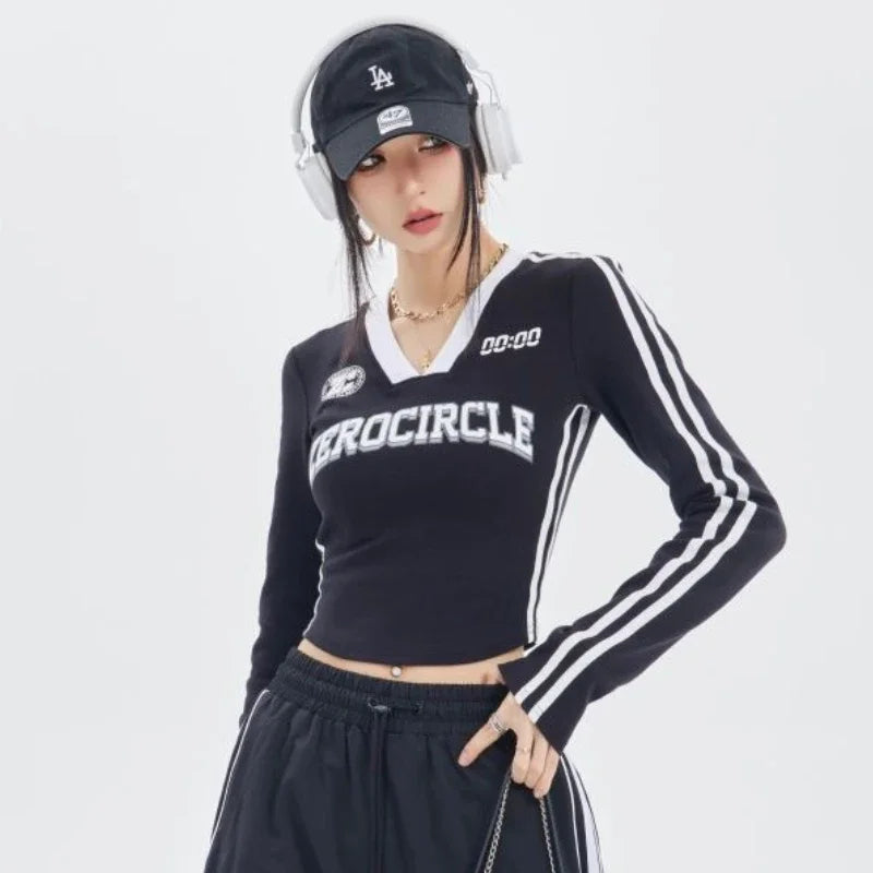 Y2k Tops Vintage Streetwear Acubi Egirl Long / Short Sleeve T-Shirts Aesthetics V Neck Crop Top Korean Fashion Basic Sport Tees