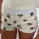 Neue lässige Lounge-Shorts für Damen, Y2K Vintage, niedrige Taille, Knopfverschluss, mit Grafikdruck, ästhetisch, schmal, Pyjama-Hose, Nachtwäsche