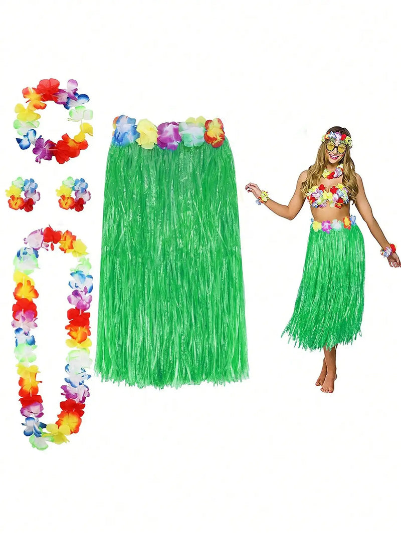 5pcs-Hawaii Hula Dress + 2 wristbands 2 garlands - Hibiscus Flower Birthday Tropical party decorations Hawaiian Hula Skirt Tropi