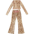 VEITCHE Women's Summer Outfit Casual Leopard Print Long Pant Suit Slim Hoodie Zipper Top High Waist Trousers Set Street Style