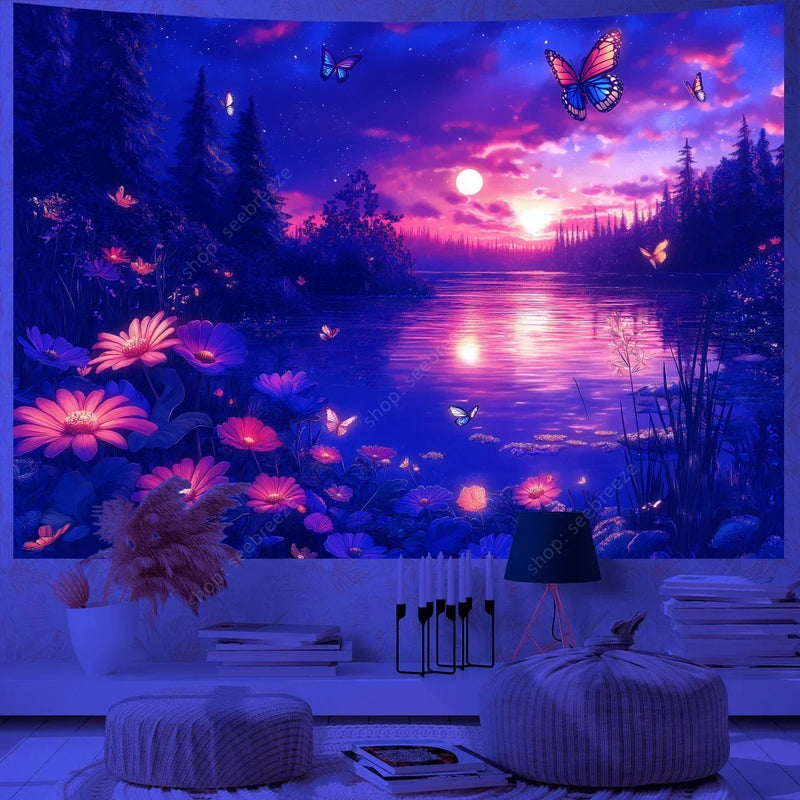 Butterfly Flower UV Reactive Tapestry Wall Hanging Hippie Boho Room Decor Aesthetic Psychedelic Home Dorm Wall Decor Party Decor