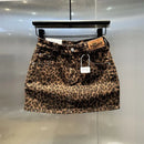 New short skirt 2025 summer American fashion elastic coffee leopard print denim hip skirt hot girl patch small short skirt