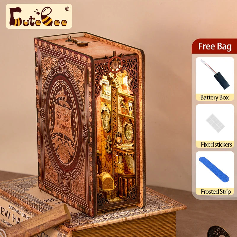 CUTEBEE Book Nook Kit Diy Bookend 3D Miniature House Sailing Memory Wooden Book Shelf Insert Model Light Building For Kid Gifts