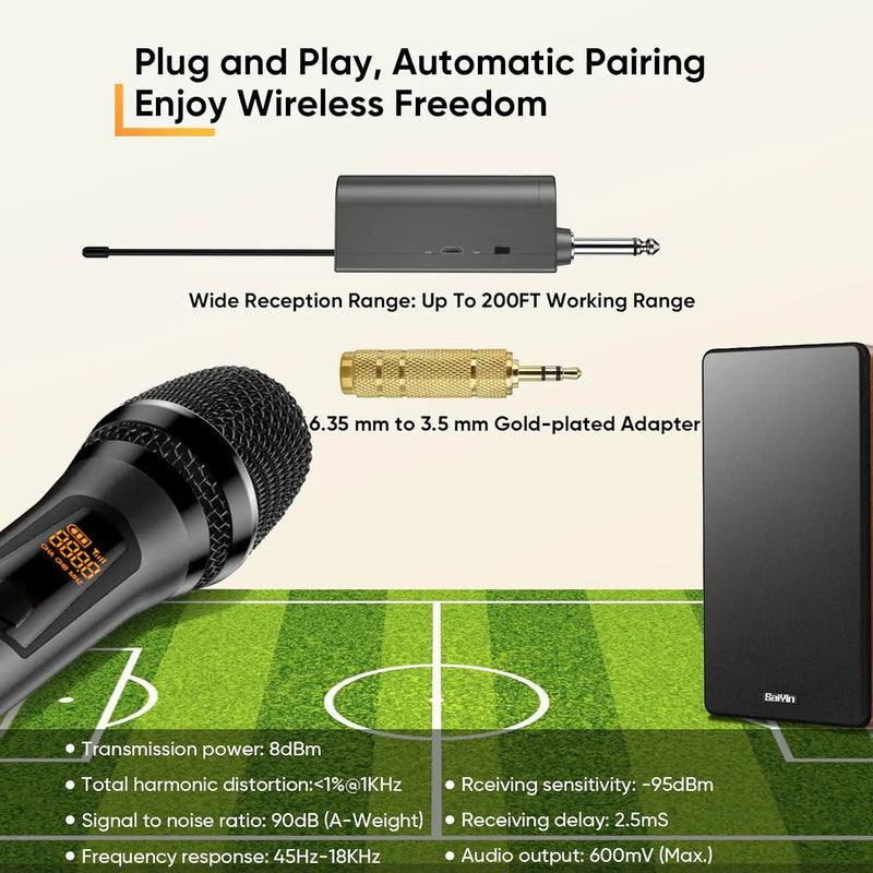 Saiyin Rechargeable Wireless Microphone, Uhf Dual Handheld Dynamic Microphone Karaoke System, with Rechargeable Microphone and Receiver, 200 Ruler Range, 1/4''&1/8'' Output, for Amplifier, Amplifier System