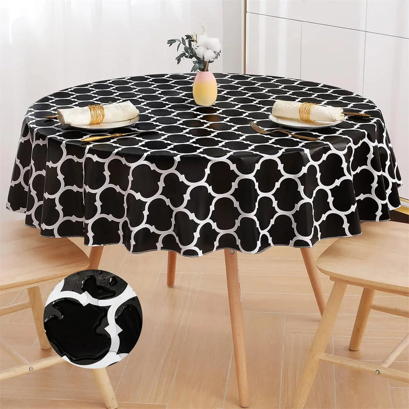 Olanly Waterproof Tablecloth Heat-Resistant 60inch Round PVC Table Cloth Wedding Kitchen Dining Desk Moroccan Table Coat Cover