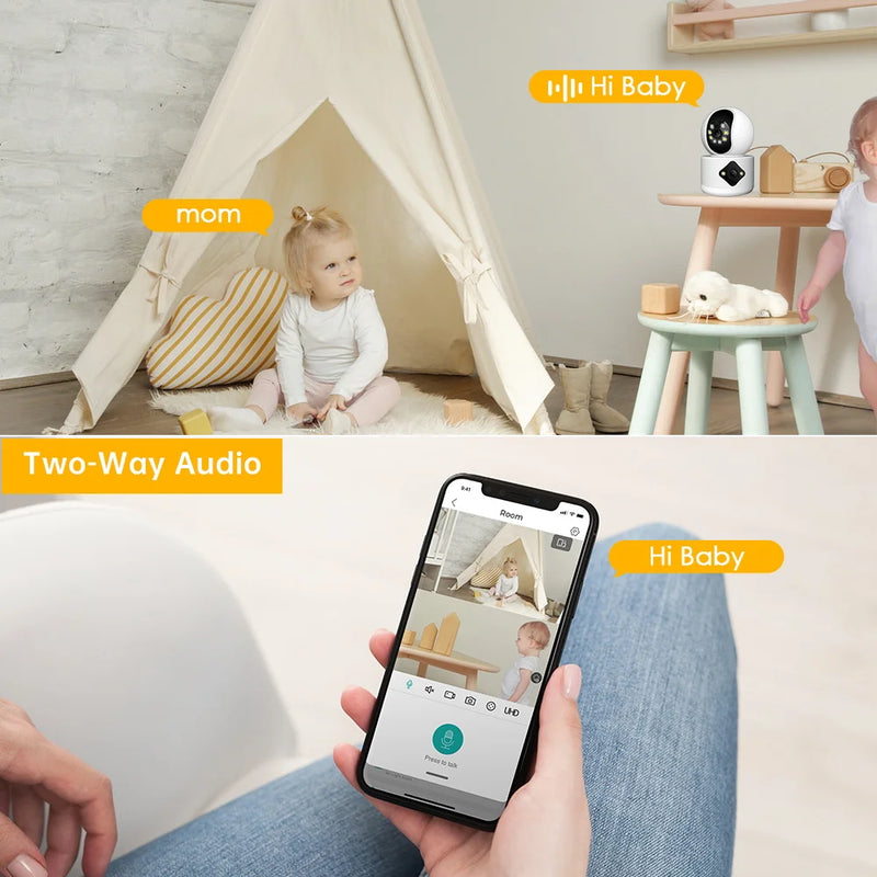 BESDER 4MP WiFi Camera with Dual Screens Baby Monitor Night Vision Indoor Mini PTZ Security IP Camera CCTV Surveillance Cameras