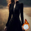 OCEANLOVE Autumn Winter Dresses for Women Hepburn Style Vintage Solid Black Vestidos Mujer Stand Collar Elegant Long Dress