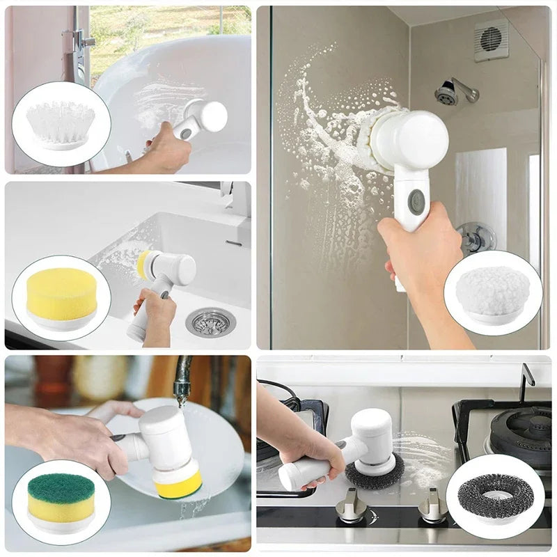 5 in 1 Electric Cleaning Brush Bathroom Kitchen Scrubber 5 Replaceable Brush Head Powerful Handheld Rechargeable Shower Scrubber