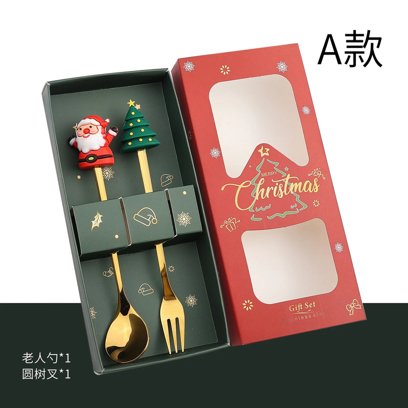 Christmas Dinnerware Stainless Steel With Luxury Gift Box Tableware Desser Fork Coffee Spoon Santa Cutlery For Christmas