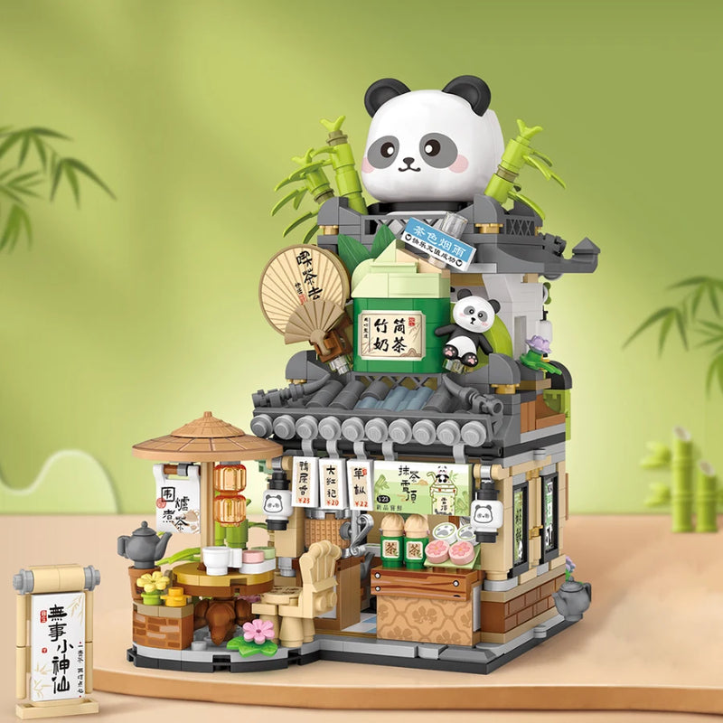 New Cute Little Bear Cafe Flower Shop Panda Tea House Mini Folding Building Block DIY Assembly Puzzle Toys For Kids Adults Gifts