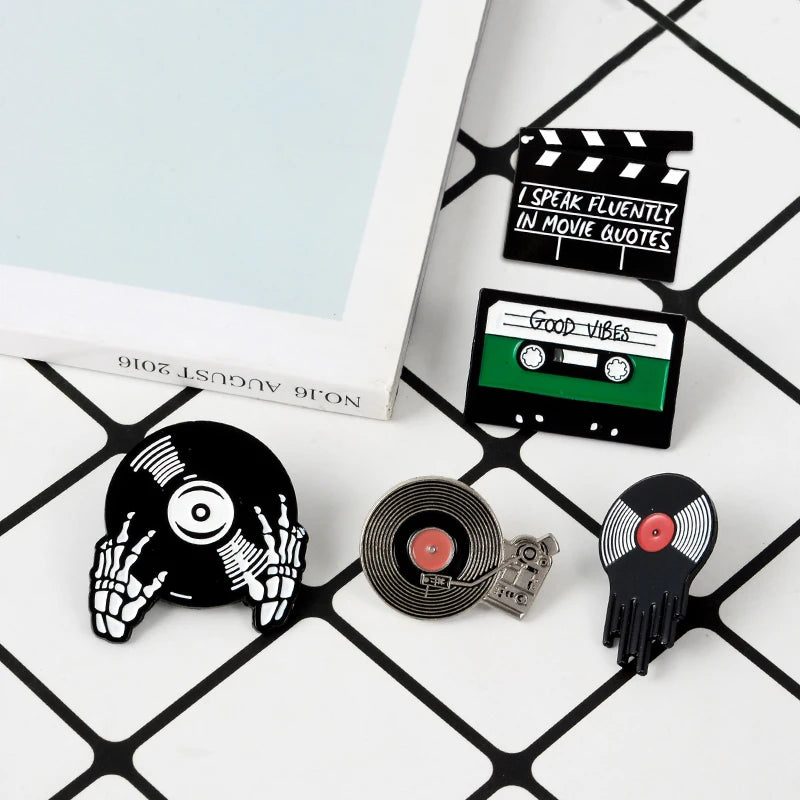 Punk Music Lovers Enamel Pin Good vibes tape DJ Vinyl Record Player badge brooch Lapel pin Jeans shirt Cool Gothic Jewelry Gift