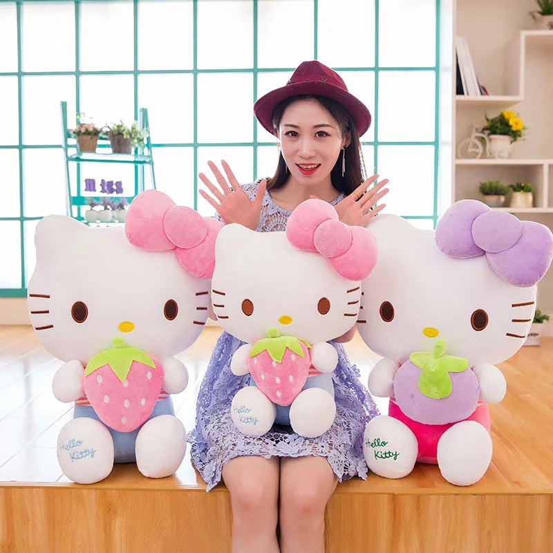 Cute Kawaii Hello Kitty Plush Dolls With Strawberry Cat Stuffed Soft Toys Cushion Sofa Pillow Birthday Gift Room Decor 30-70cm