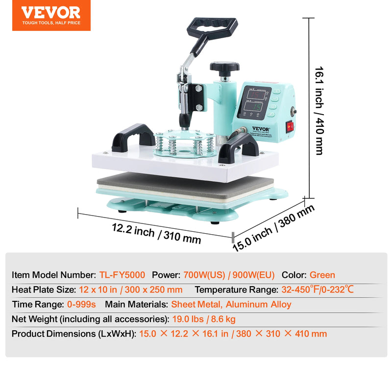 VEVOR Heat Press 12x10inch 360°Swing Away T-Shirt Fast Even Heating Digital Precise Control Heat for T-Shirts Pillows Bags Green