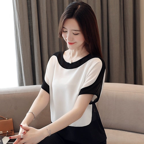 Womens Tops And Blouses Fashion 2023 Chiffon Blouse Loose Ladies Tops Shirts Solid Short O-Neck Batwing Sleeve 3397 50