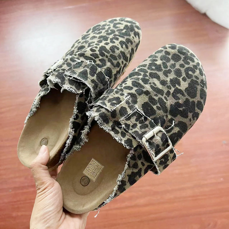 2024 Spring New Classic Women's Closed Toe Cork Sandals Slippers Ladies Leopard Cork Slippers Camo Mule Clogs Shoes Flats