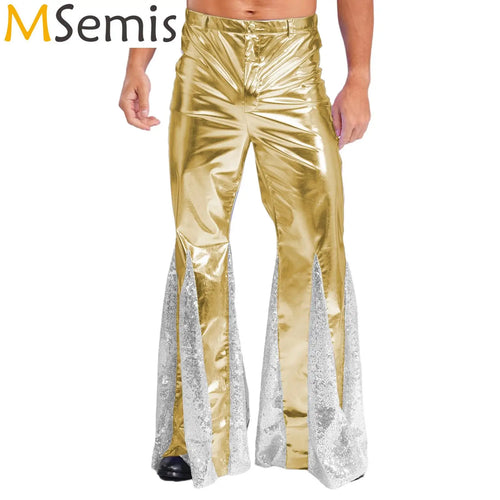 Mens Shiny Metallic 70s Disco Flared Pants Hippie Vintage Hip Hop Carnival Performance Costume Sequins Bell Bottoms Trousers
