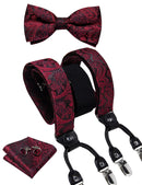 DiBanGu Mens Adjustable Silk Suspenders Bow Tie Cufflinks Pocket Square Set Metal Clips Y back Elastic Braces Wide Strap 3.5CM