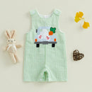 Easter Bunny Romper with Carrot Embroidery and Striped Truck Design Sleeveless Crew Neck Jumpsuit for Infant Spring Outfit