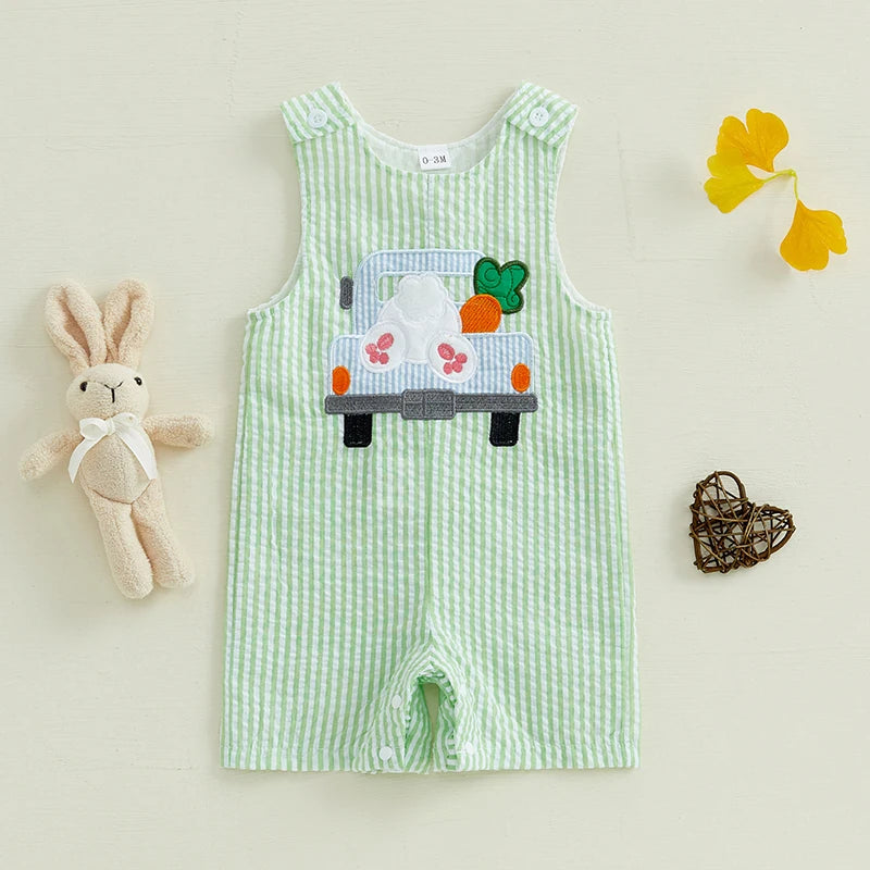 Easter Bunny Romper with Carrot Embroidery and Striped Truck Design Sleeveless Crew Neck Jumpsuit for Infant Spring Outfit