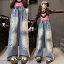 Mädchen Jeans Frühling Herbst Cartoon Weite Beine Jeans für Teenager Kinder Schwere Stickerei Stern Loose Straight Leg Hose für Kinder