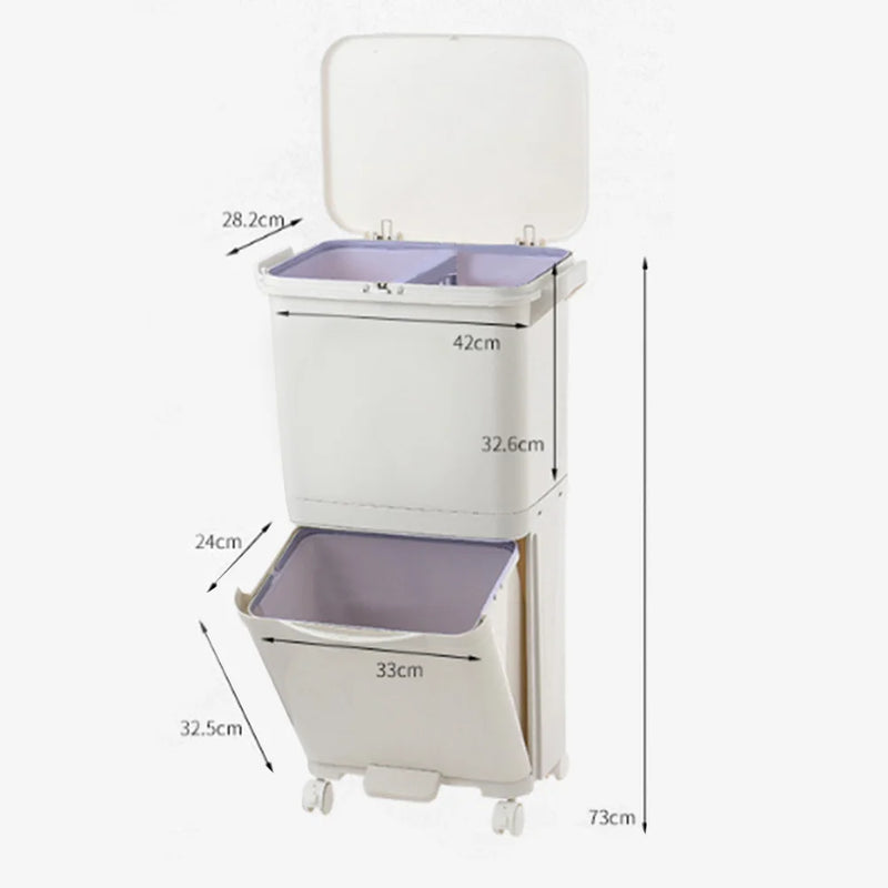 Voltsify 38L Double Compartment Trash Can with 4 Casters, White 2-Tier Design Waste Bin for Kitchen, 42x28.2x73cm