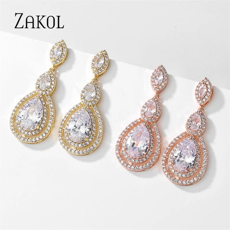 ZAKOL Brilliant White Cubic Zirconia Dangle Earrings for Women Fashion Water Drop Earring Evening Party Bridal Wedding Jewelry