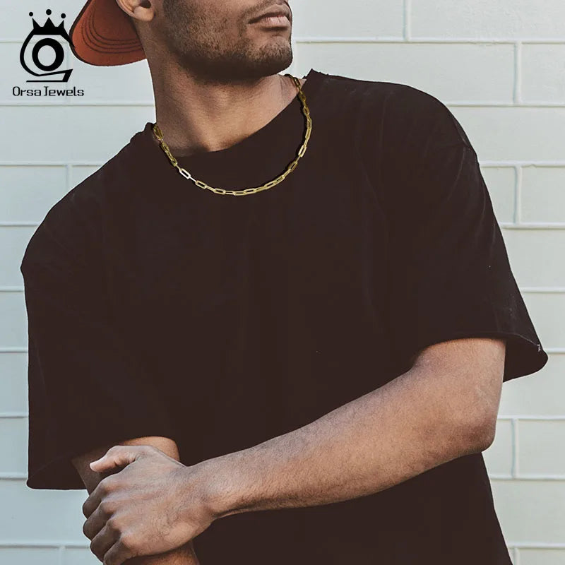 ORSA JEWELS 6mm 9mm 12mm Sizes Paperclip Link Chain Necklace 925 Sterling Silver 14k Gold Chain Man Woman Necklaces as Gift SC39